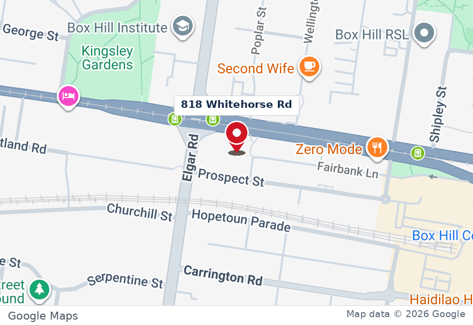 Street map marking 818 Whitehorse Road in Box Hill, Melbourne, with the surrounding streets.