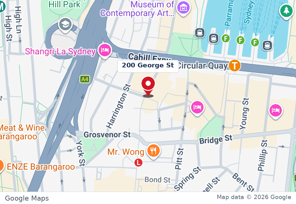 Street map marking 200 George Street in Sydney, with the surrounding CBD streets.